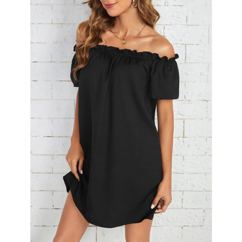 Boho Off the Shoulder Frill Trim mini Dress black - Picture 4 of 5